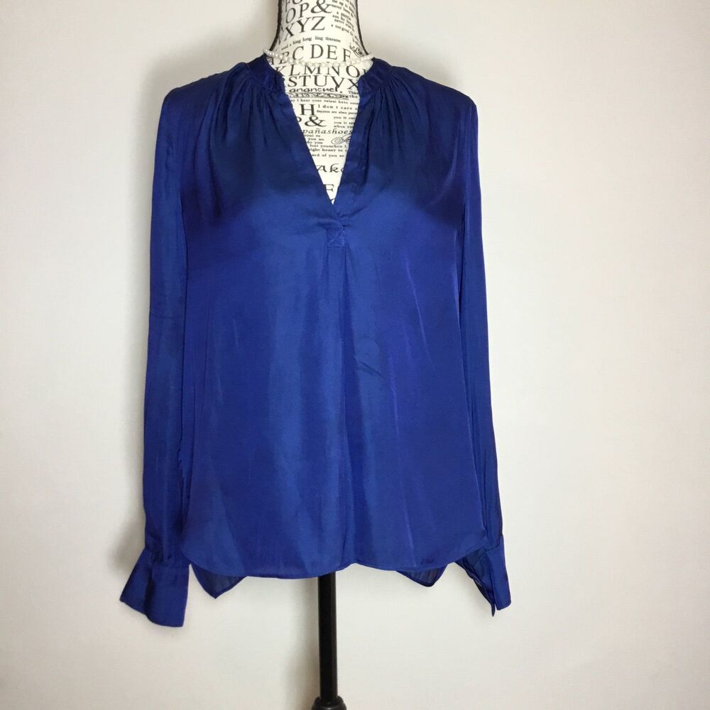 Tahari blue satin button down shirt elegant classy romantic Hollywood glam M